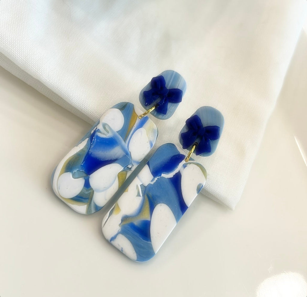 Cobalt Blue Polka Dot Stud Dangles, Gold White Clay Earrings, Handmade Fashion Clay Jewelry