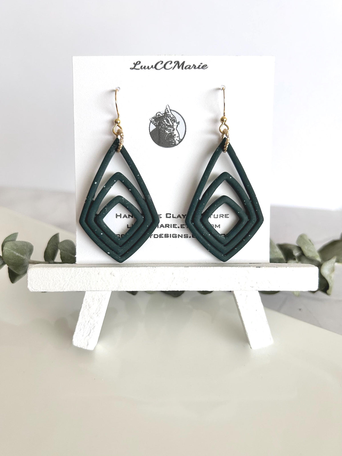 Dark Green Clay Earrings, Forest Dangles, Handmade Jewelry