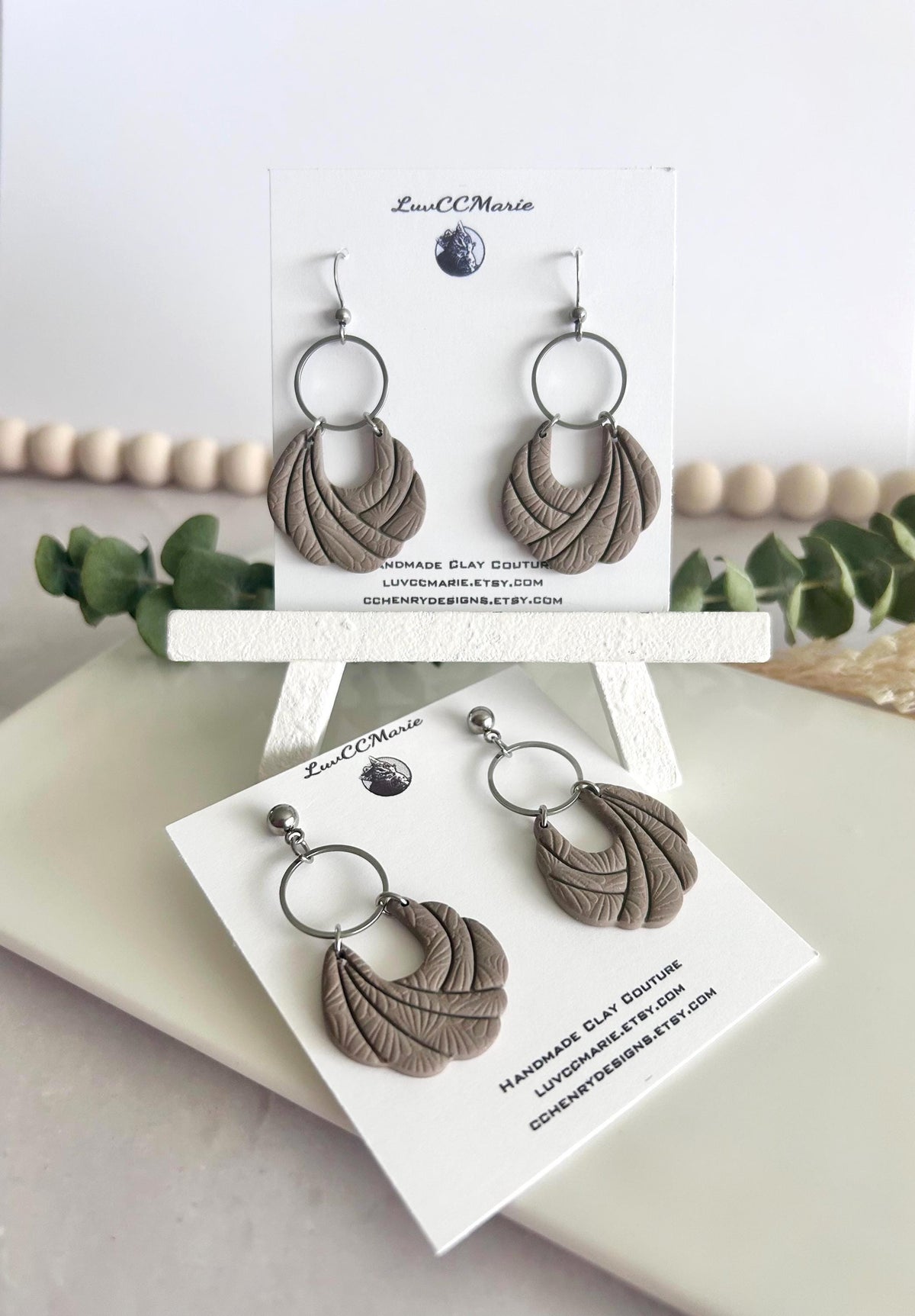 Handmade Khaki Clay Earrings: Boho Floral Embossed Dangles