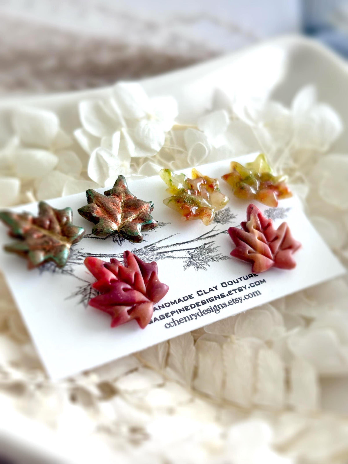 Fall Maple Leaf Stud Earrings, Multicolor Autumn Clay Studs, Handmade Boho Gift