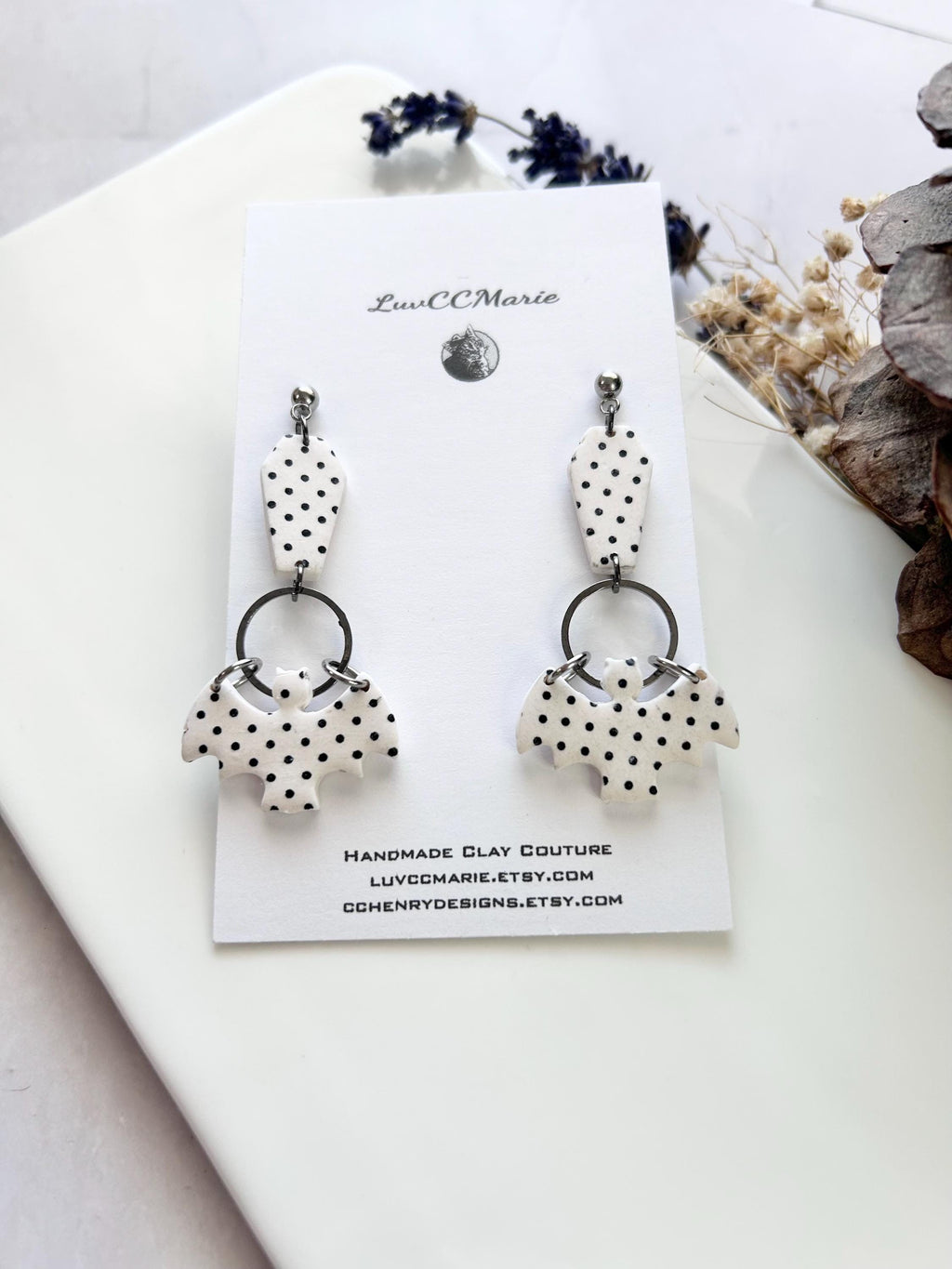 Polka Dot Long Earrings, Bat Coffin Dangles, Black and White Emo Jewelry