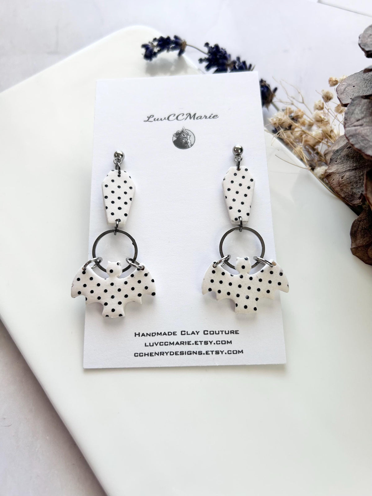 Polka Dot Long Earrings, Bat Coffin Dangles, Black and White Emo Jewelry