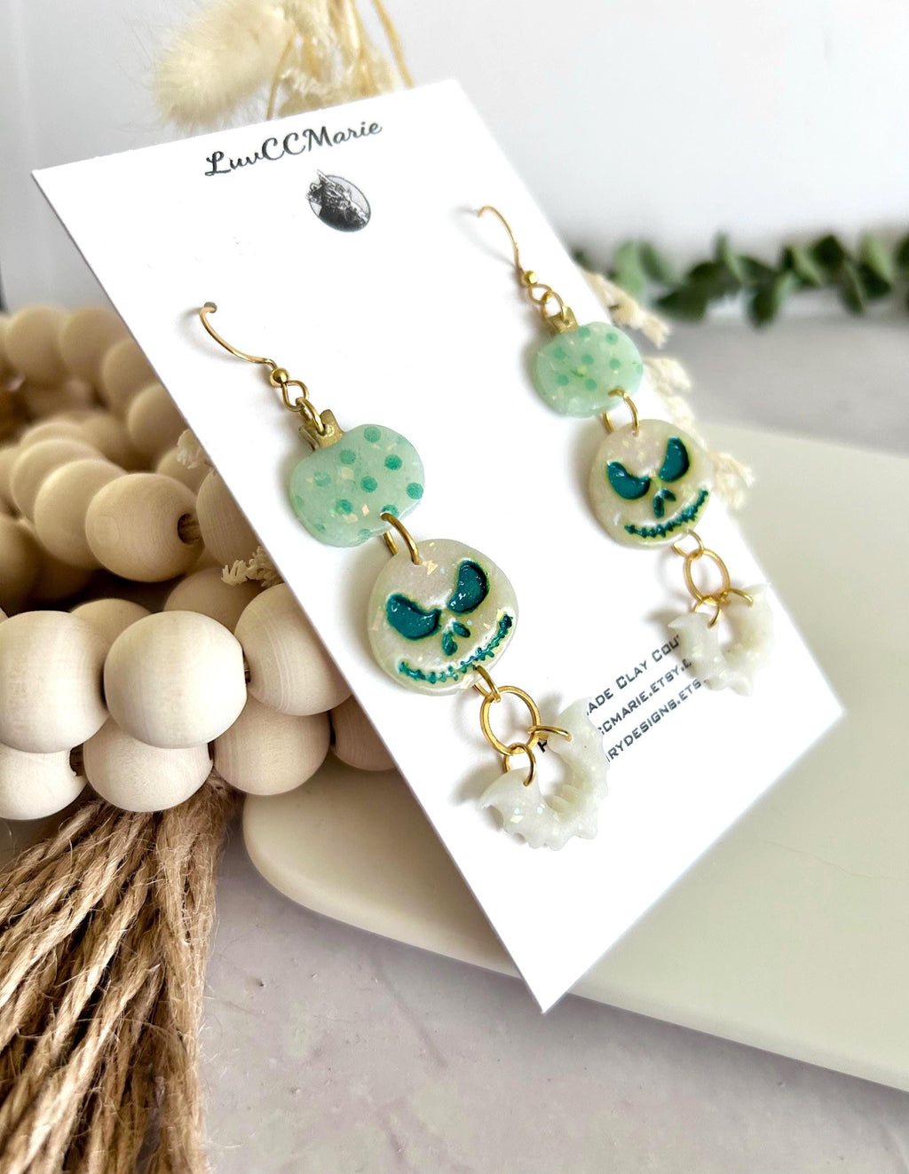 Mint Green Pumpkin Earrings, Skull Bat Long Dangles, Lightweight Hypoallergenic Clay Polka Dot