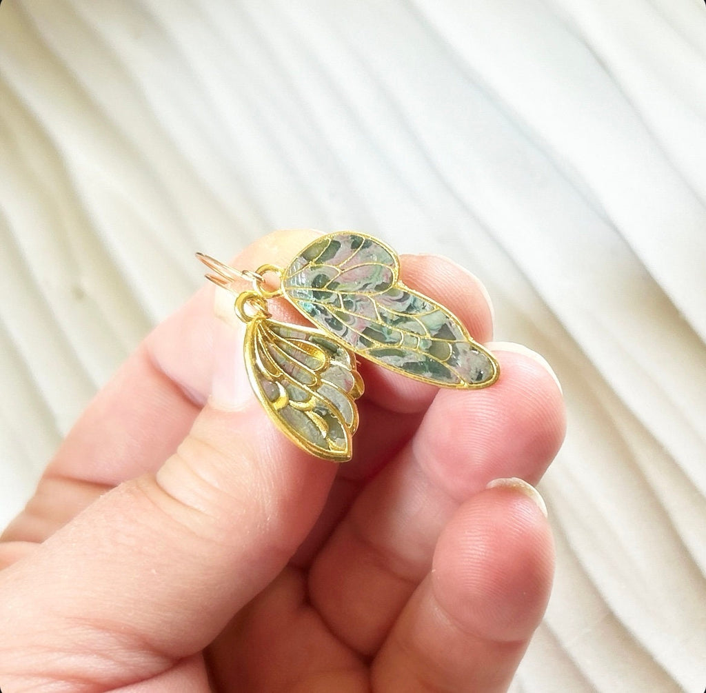 Handmade Clay Wing Earrings, Gold Dangles, Small Lightweight Boho Jewelry