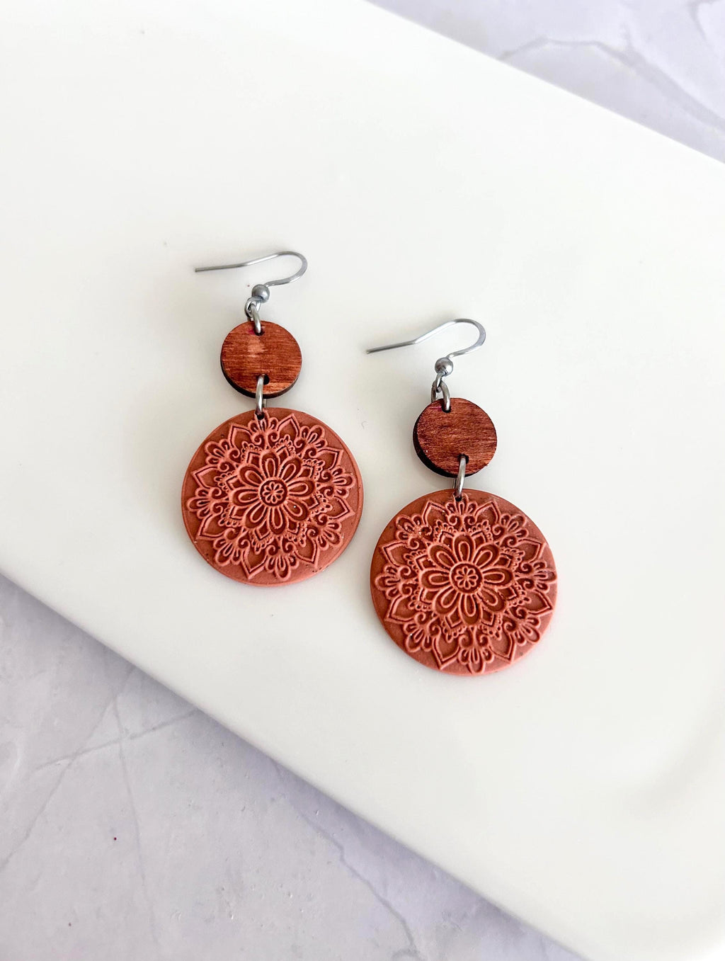 Terracotta Mandala Clay Earrings, Embossed Polymer & Wood Dangles, Handmade Fashion Boho Jewelry