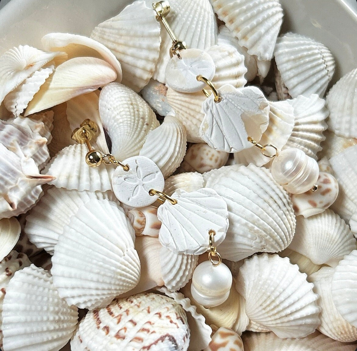 Sea Shell Earrings Clay Dangles, Seashell, Sand Dollar & Pearl Handmade Fashion Boho Jewelry