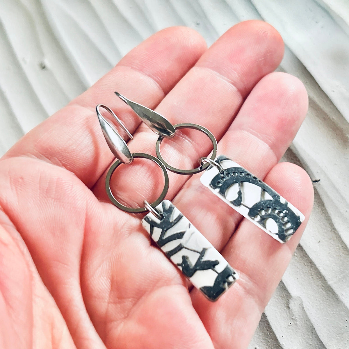 Handmade Boho Floral Lace Clay Earrings: Stainless Steel Dangles