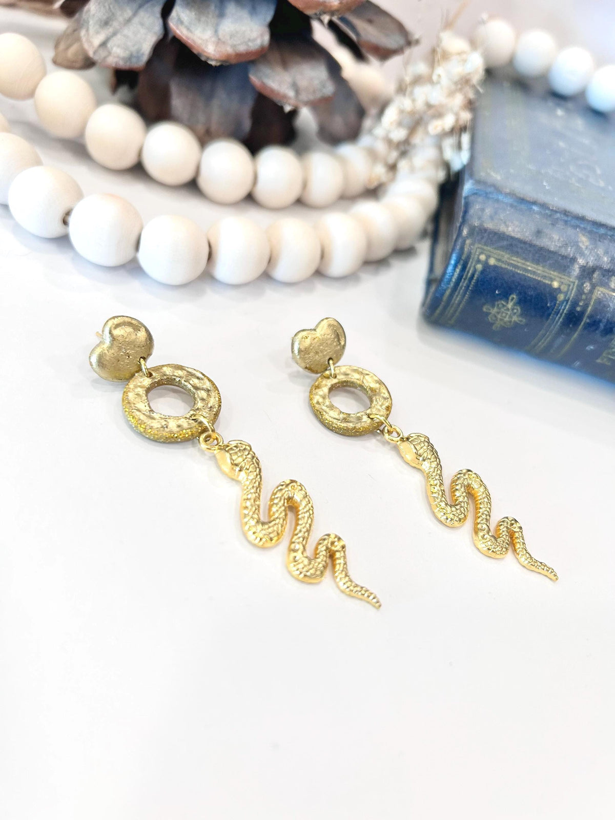 Handmade Clay Long Snake Dangle Earrings, Apple Studs, Statement Jewelry