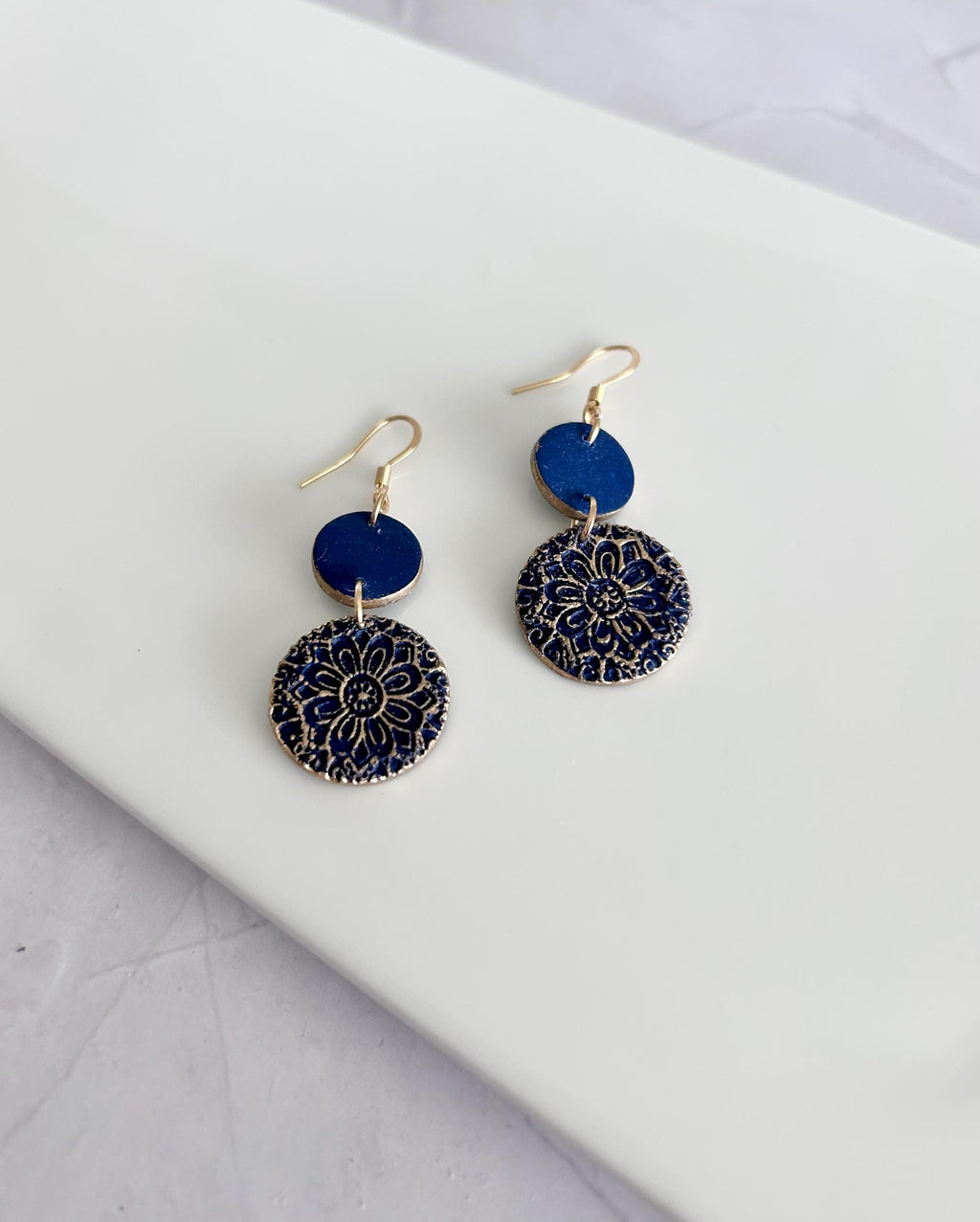 Gold Navy Burgundy Earrings, Embossed Dangles, Handmade Clay Boho Jewelry