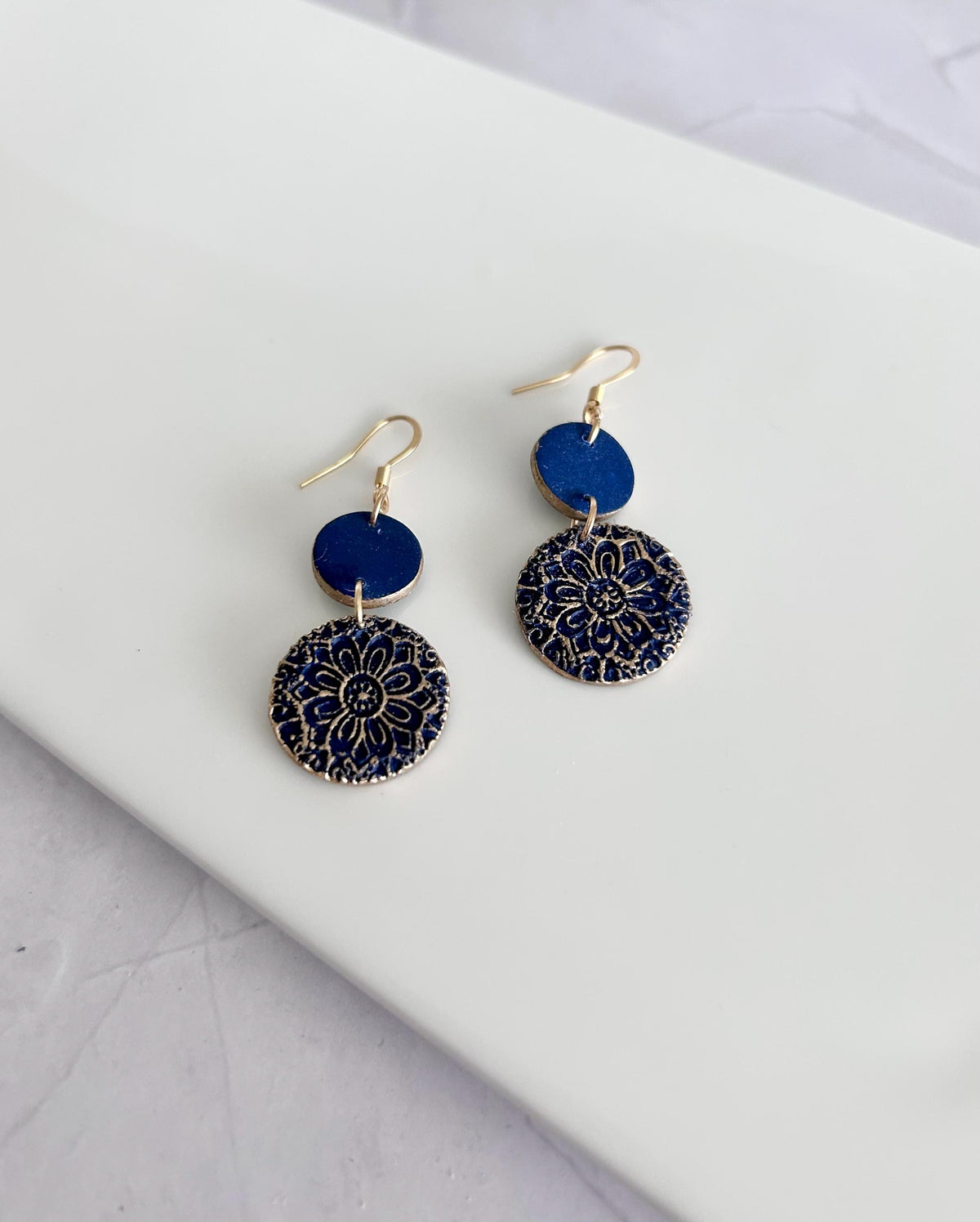 Gold Navy Burgundy Earrings, Embossed Dangles, Handmade Clay Boho Jewelry