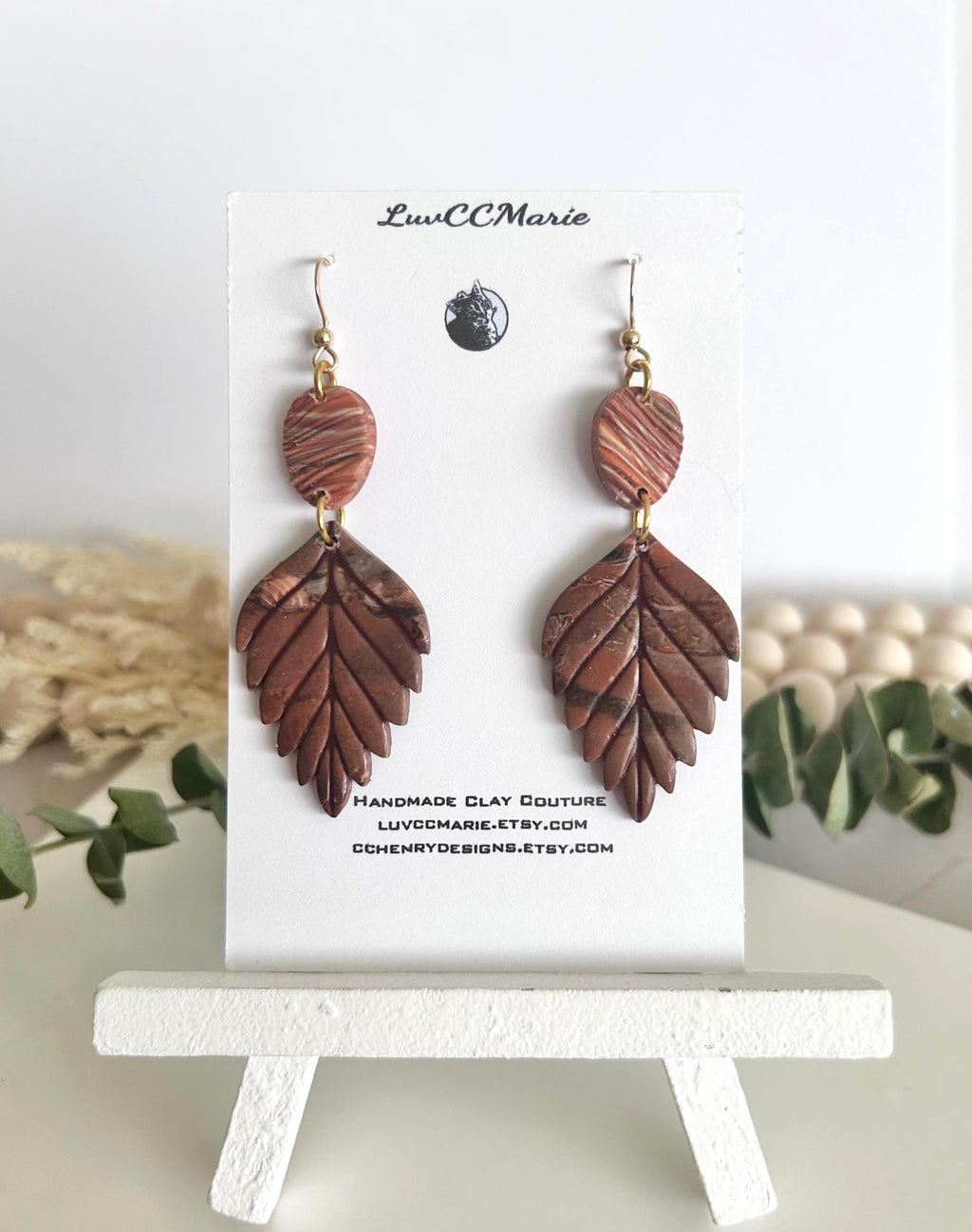 Brown Fall Leaf Earrings, Marbled Dangles, Handmade Clay Autumn Jewelry