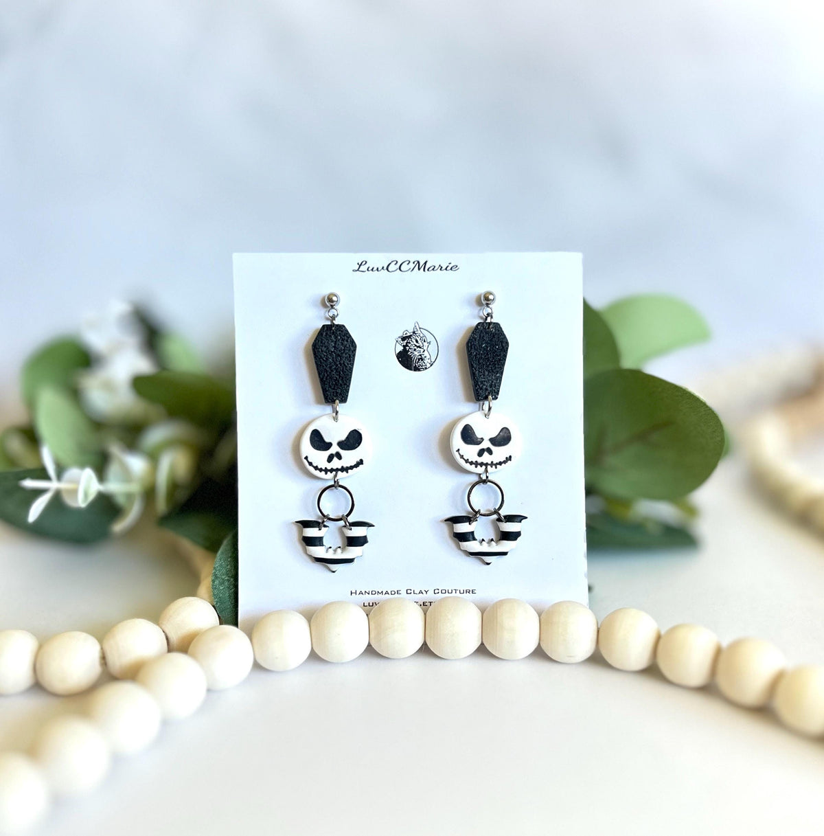 Handmade Clay Halloween Earrings, Black and White Skull Dangles, Jack Coffin Bat