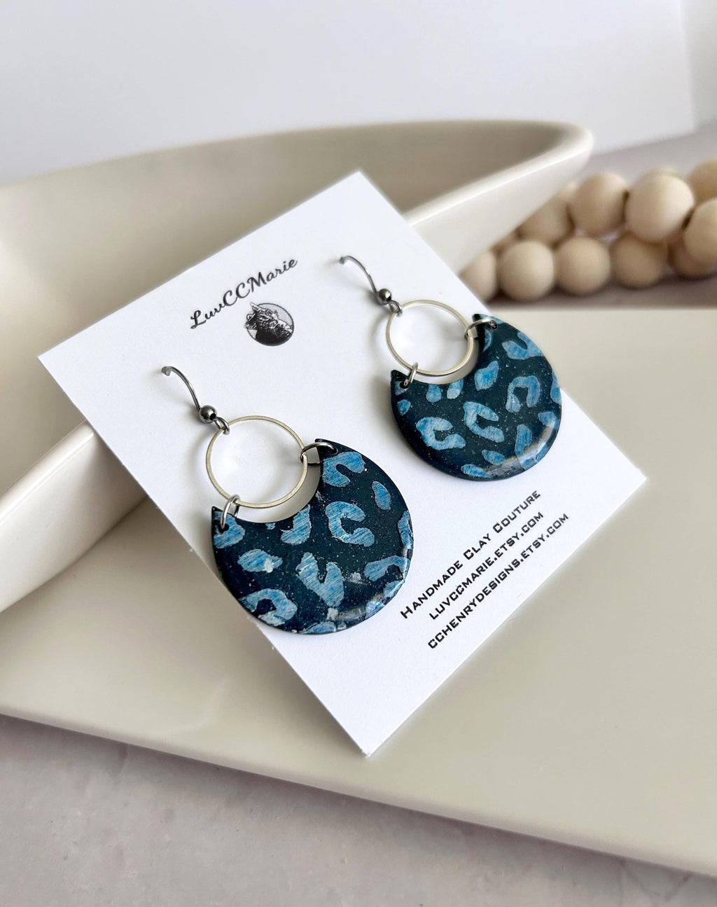 Navy Blue and Silver Leopard Print Clay Earrings, Crescent Moon Hoop Dangles