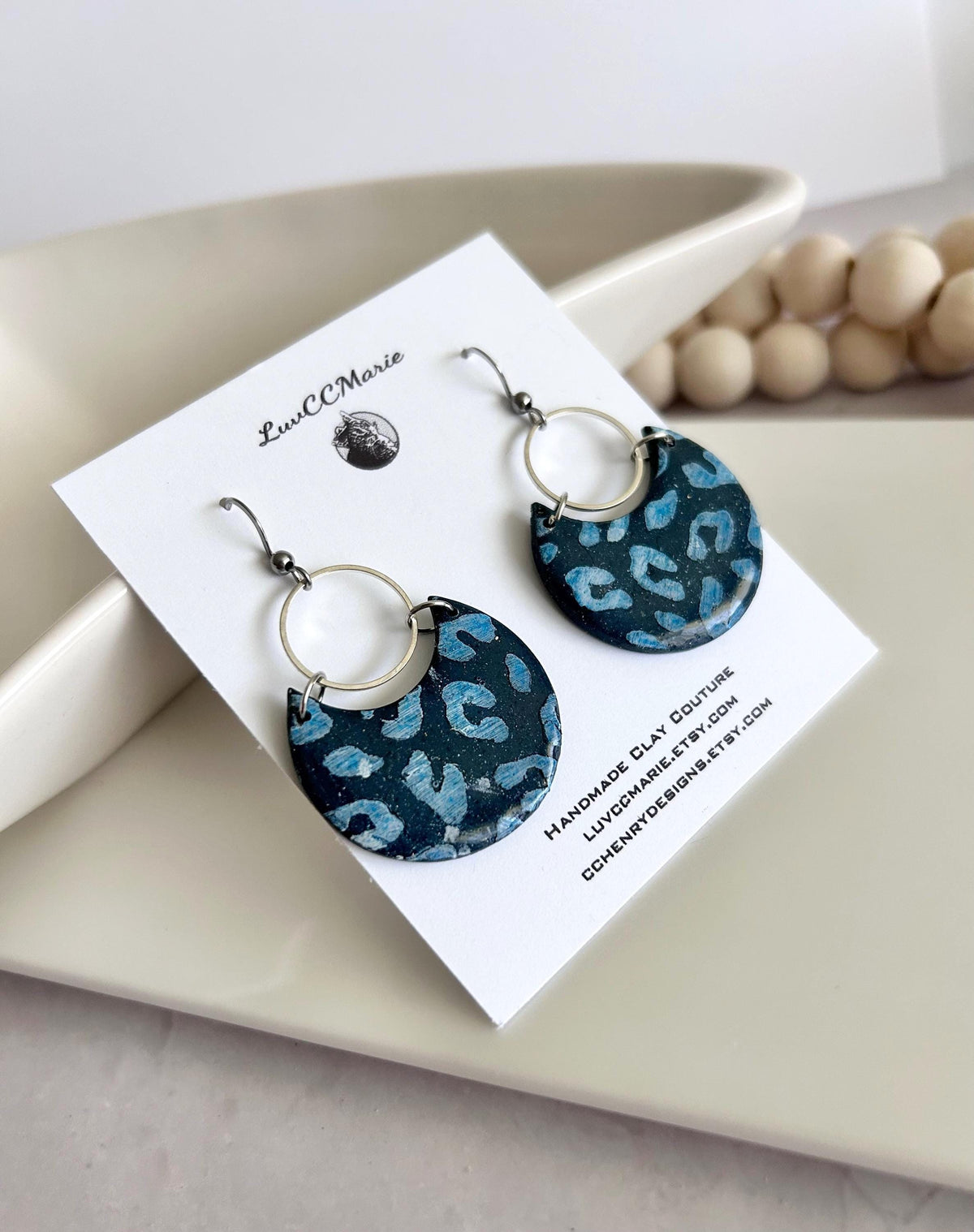 Navy Blue and Silver Leopard Print Clay Earrings, Crescent Moon Hoop Dangles