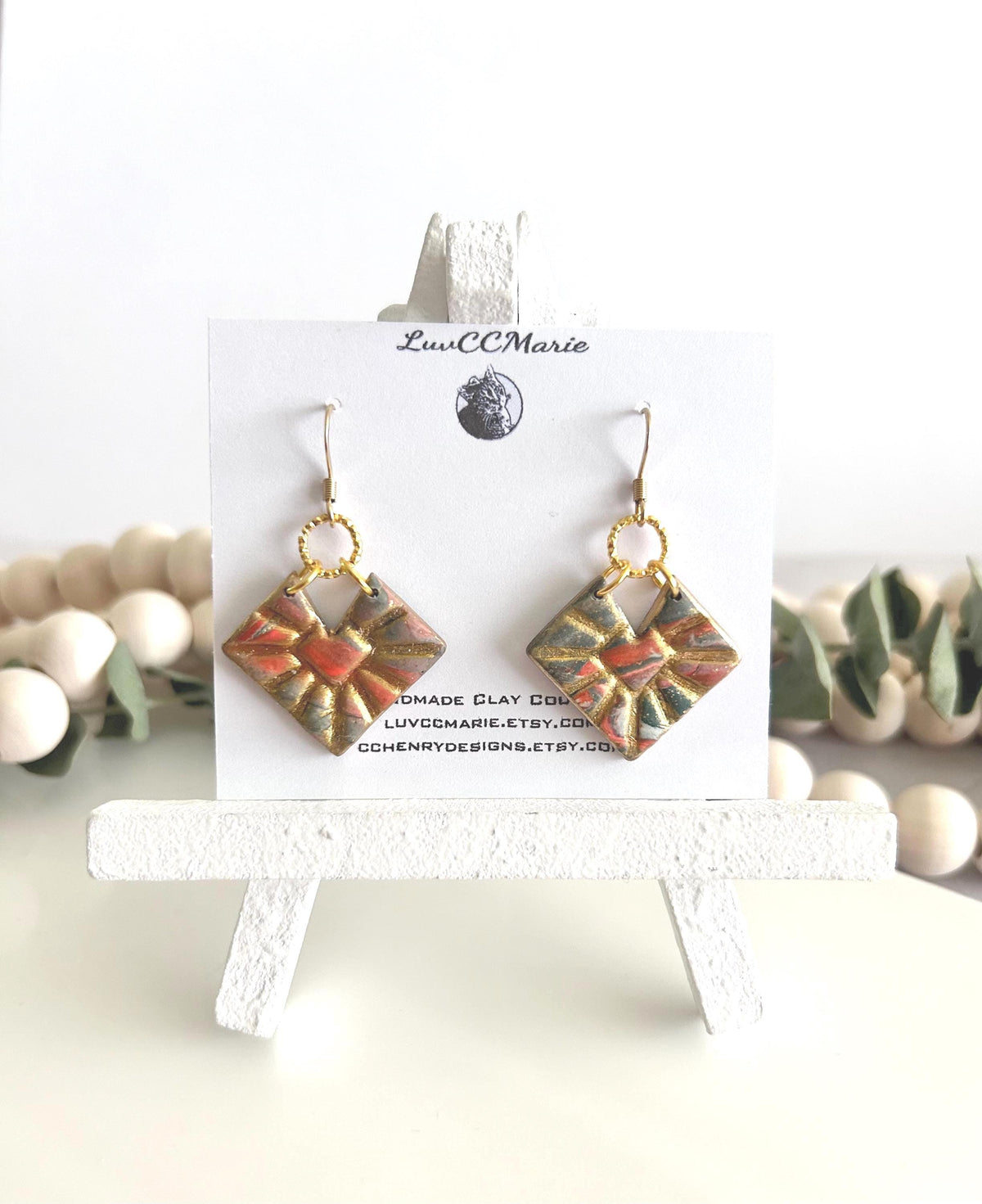 Green and Gold Marbled Geometric Hoop Dangles, Bright Orange Clay Earrings, Handmade Jewelry