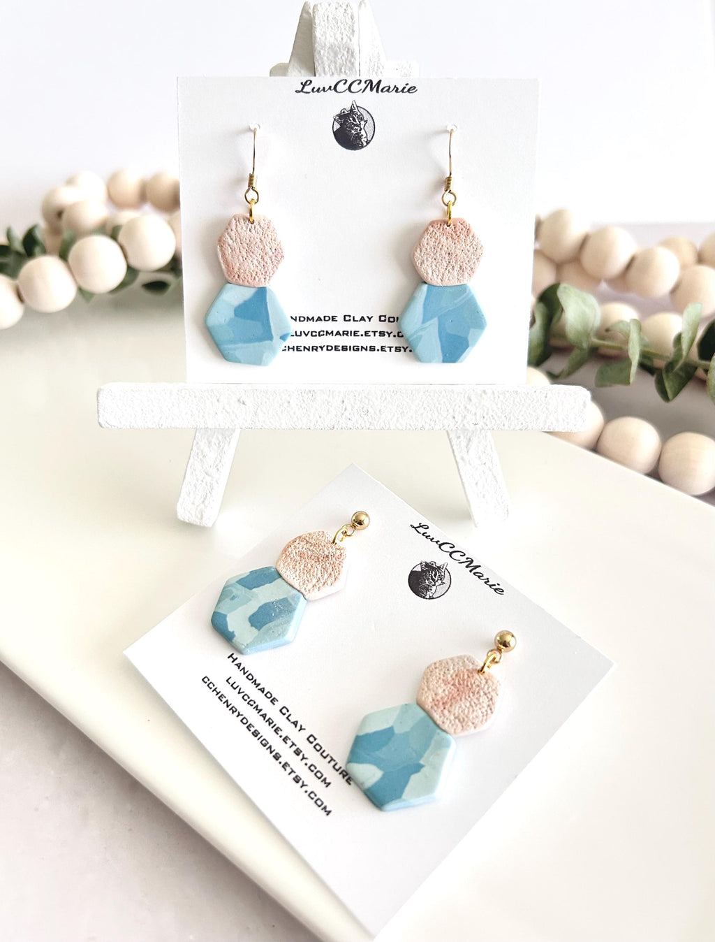 Blue Terrazzo Clay Dangle Earrings, Summer Dangles, Beachy Beige Coastal Vacation Handmade Jewelry