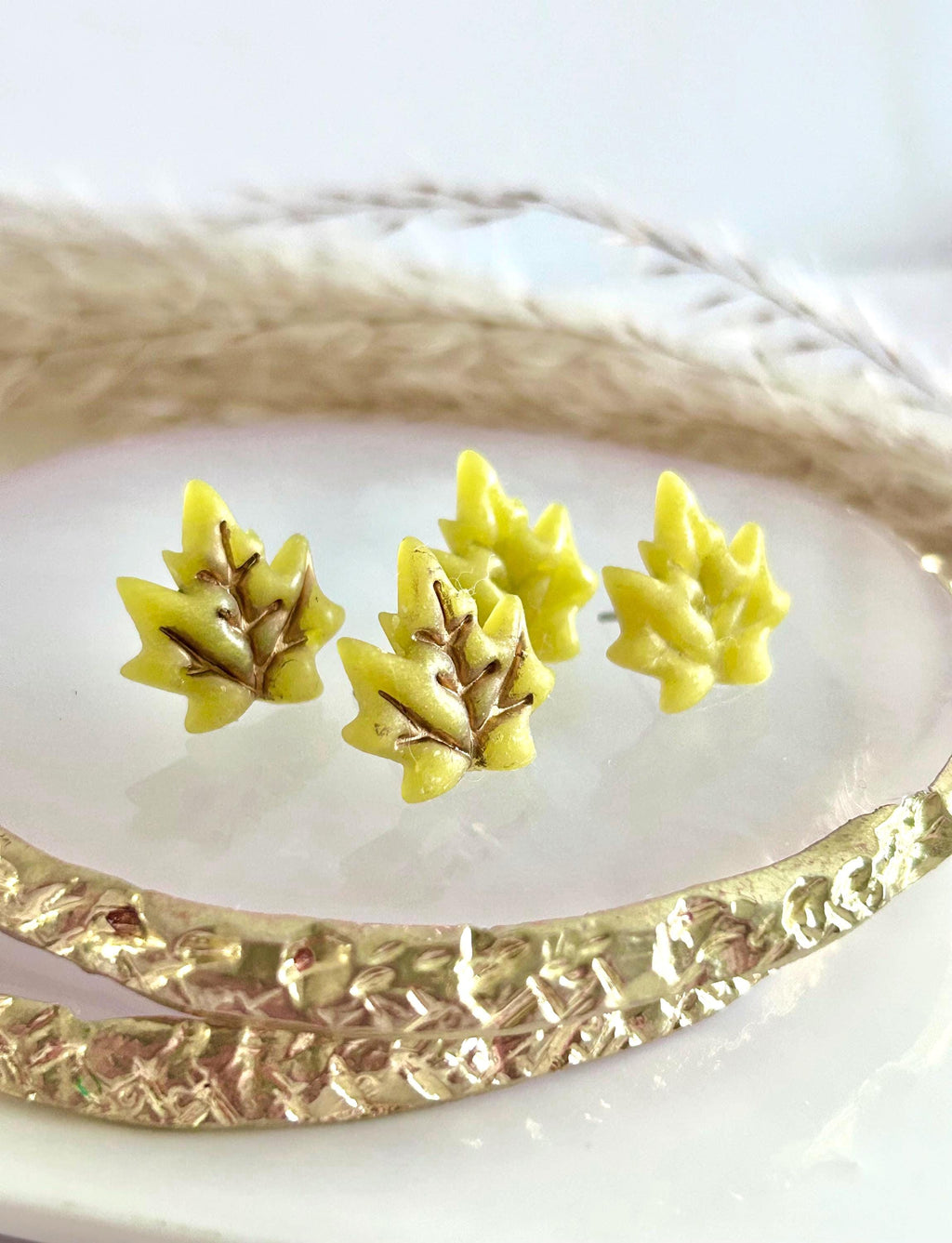 Clay Stud Earrings, Maple Leaf Fall Studs, Chartreuse Green, Hypoallergenic Surgical Posts