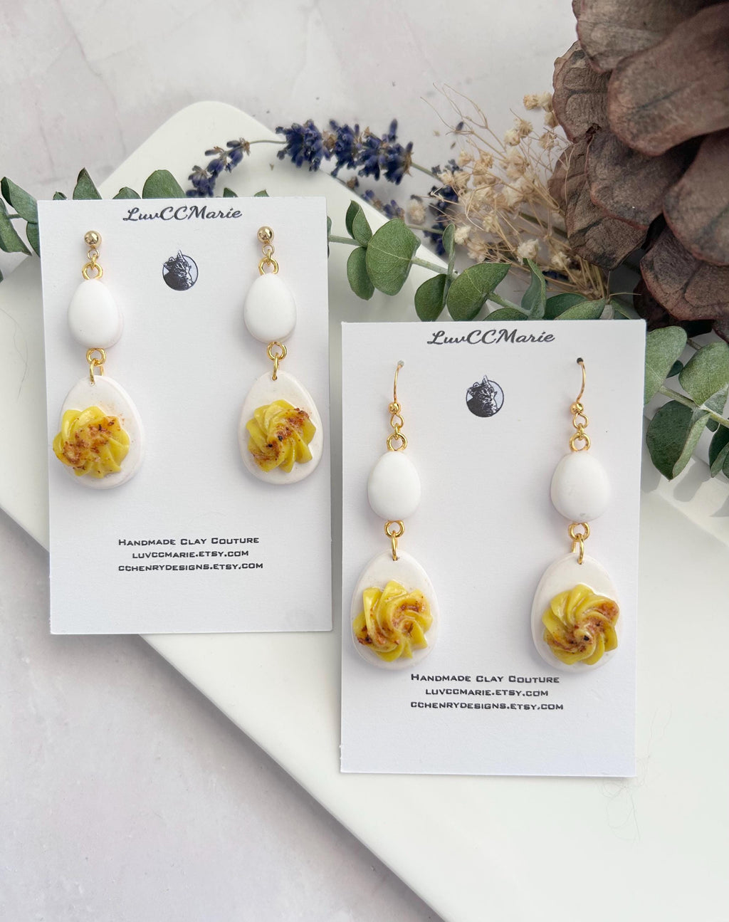 Mini Deviled Eggs Foodie Earrings, Food Shaped Dangles, Funny Egg Gift, Handmade Clay Whimsical Jewelry