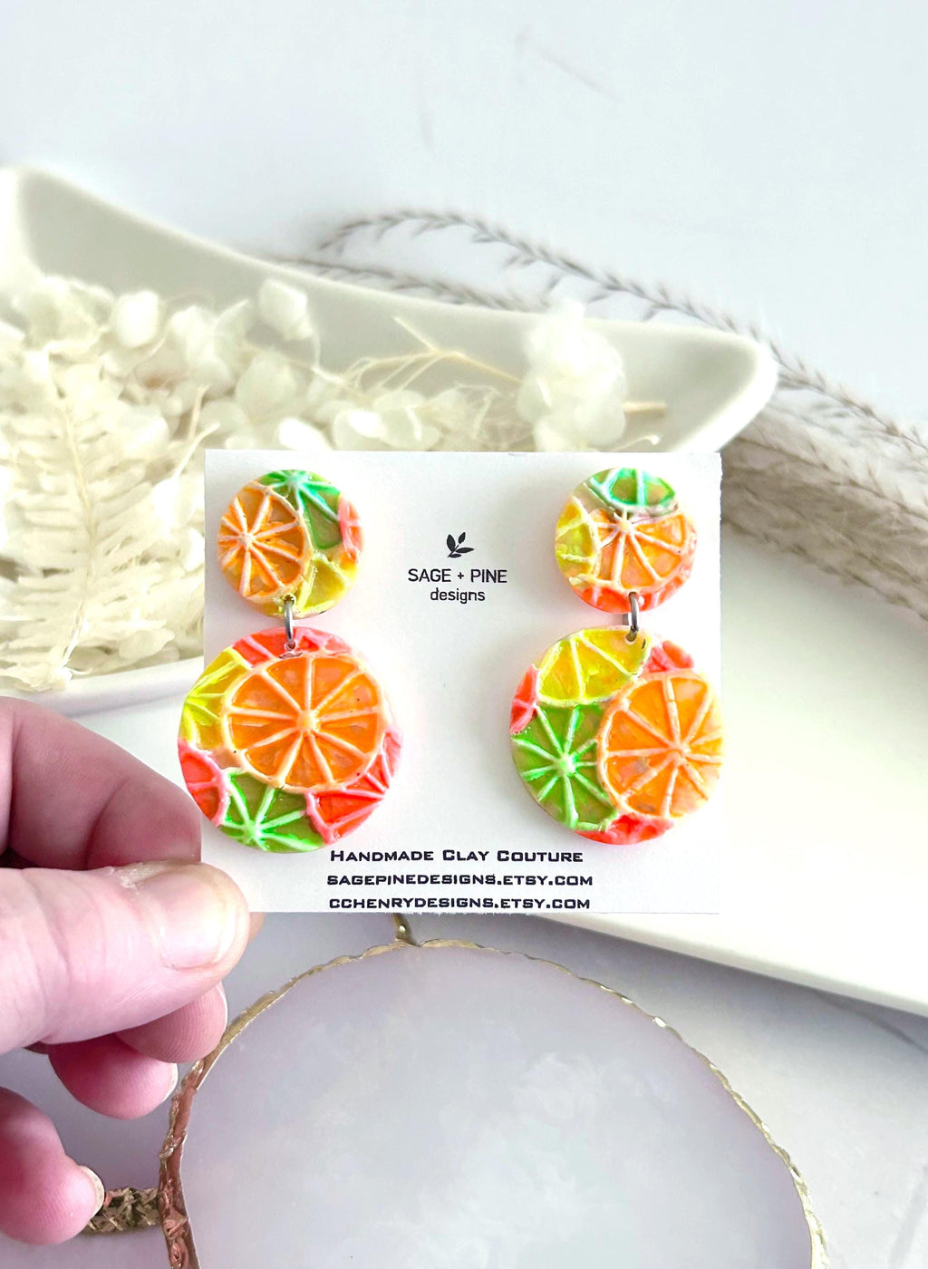 Neon Orange Slice Foodie Earrings, Grapefruit, Lemon, Lime, Unique Handcrafted Dangles, 90s Statement Clay Jewelry