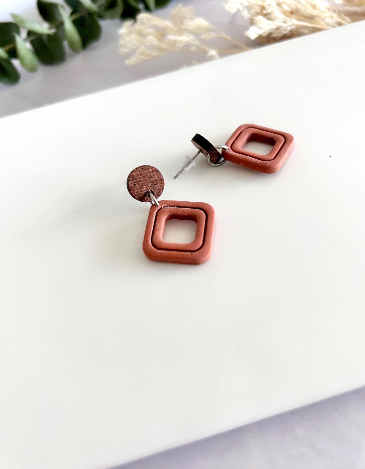Terracotta Drop Earrings, Geometric Clay & Wood Handmade Fashion Boho Jewelry