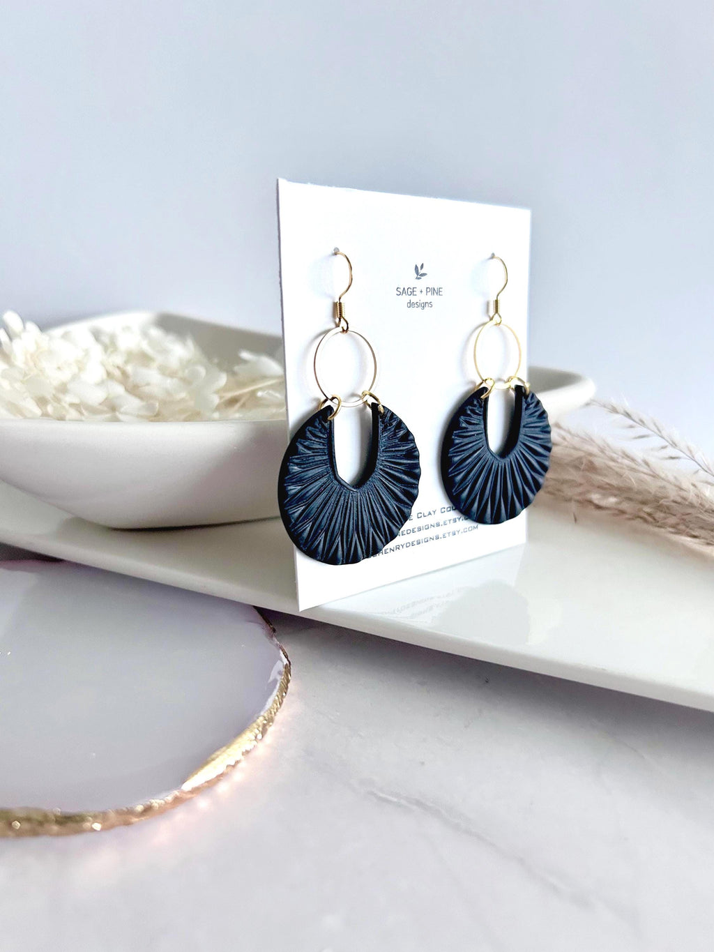 Matte Red Boho Earrings, Black and Gold Hoop Dangles, Handmade Clay Jewelry Gift