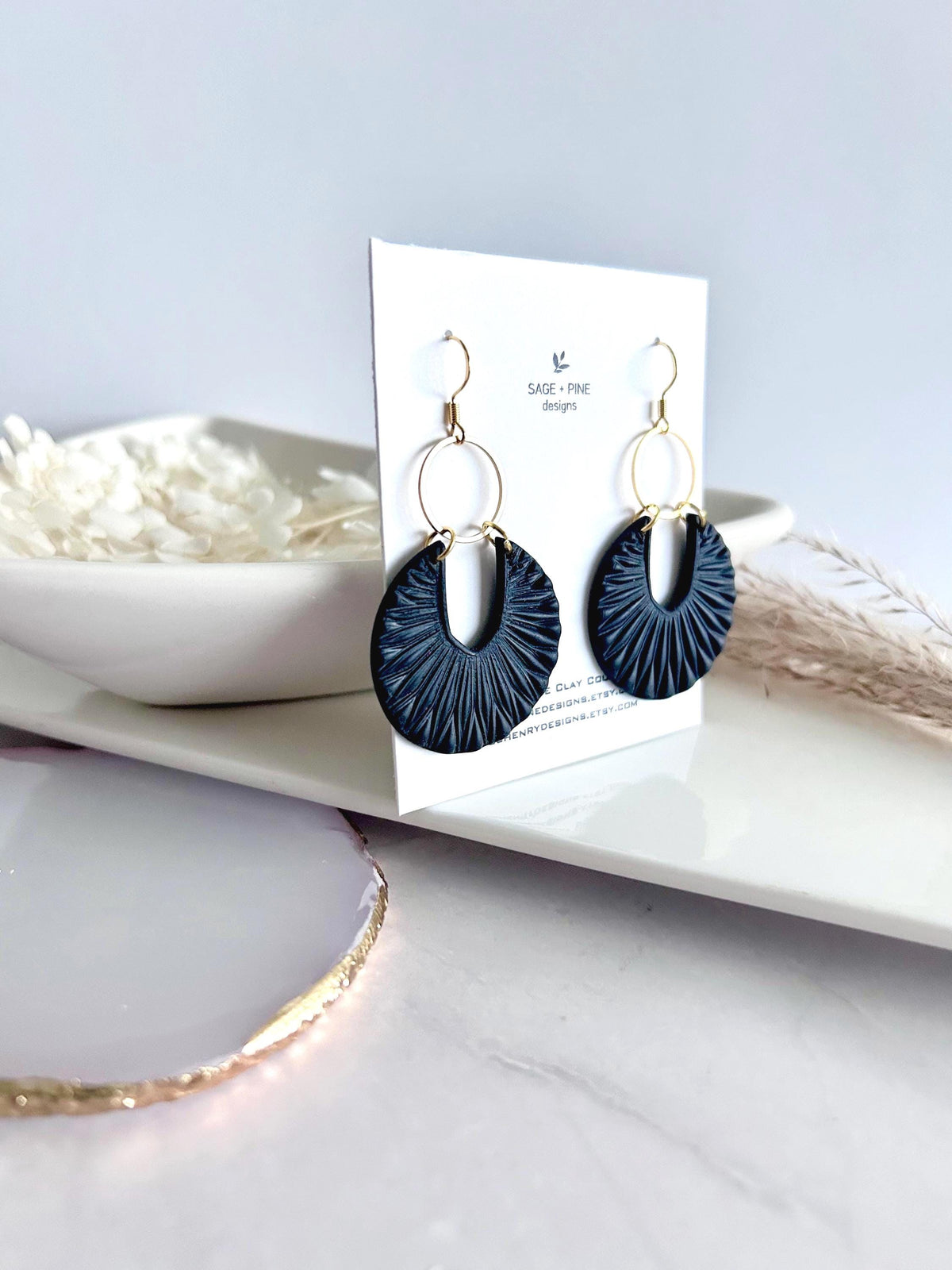Matte Red Boho Earrings, Black and Gold Hoop Dangles, Handmade Clay Jewelry Gift