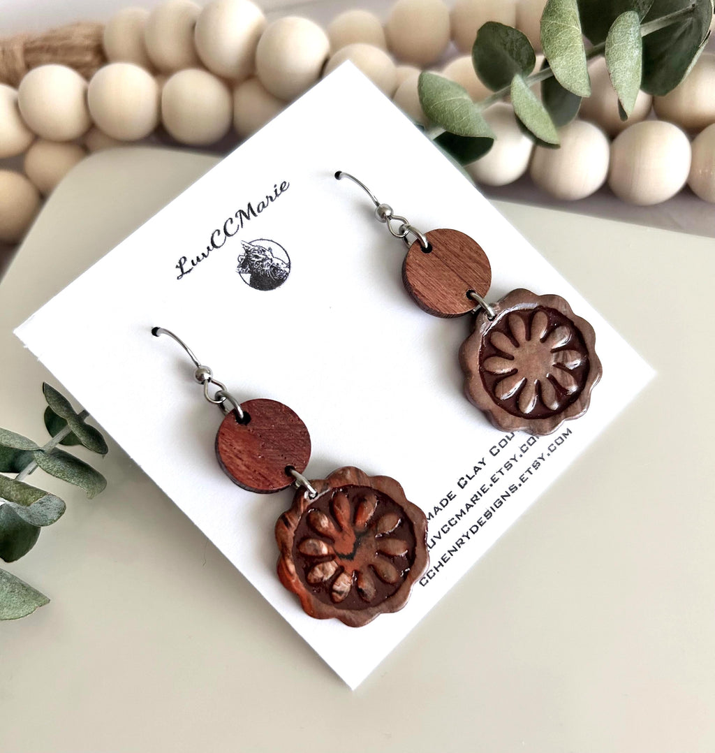 Dark Brown Clay and Wood Dangle Earrings, Santorini Tile Dangles, Fall Neutral Handmade Jewelry Gift