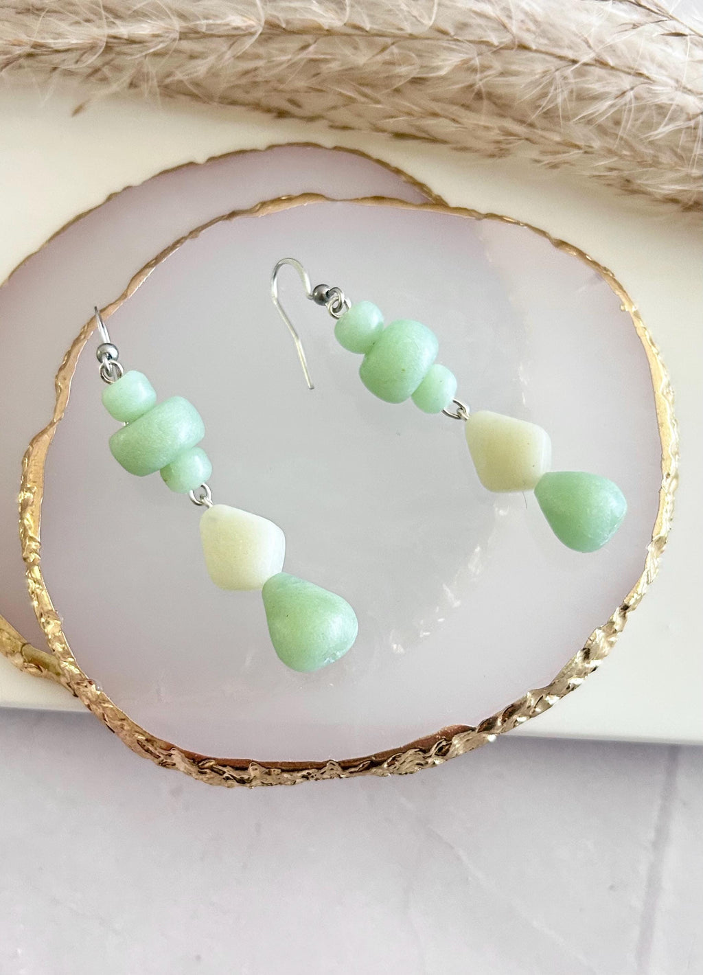 Jade Mint Beaded Dangles, Clay Drop Long Earrings, Light Green Modern Unique Handmade Jewelry