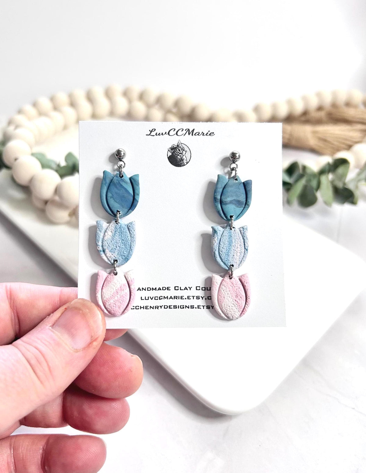 Tulip Earrings, Long Dangle Ombre Clay Handmade Jewelry Gift for Her