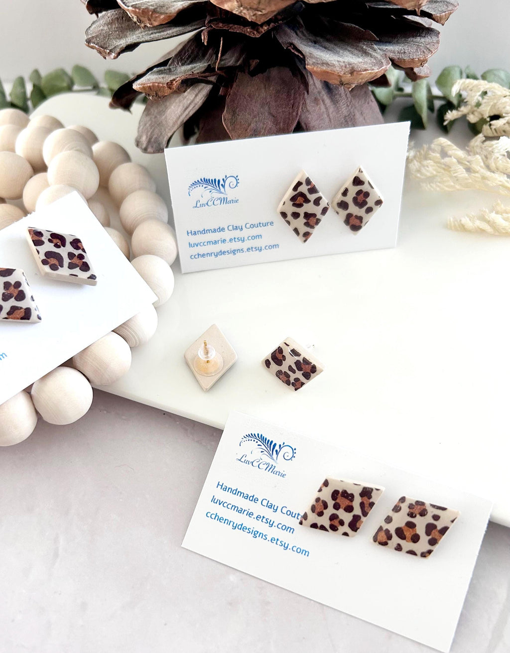Leopard Print Stud Earrings, Cream and Brown Clay Studs, Trendy Geometric Handmade Jewelry Gift