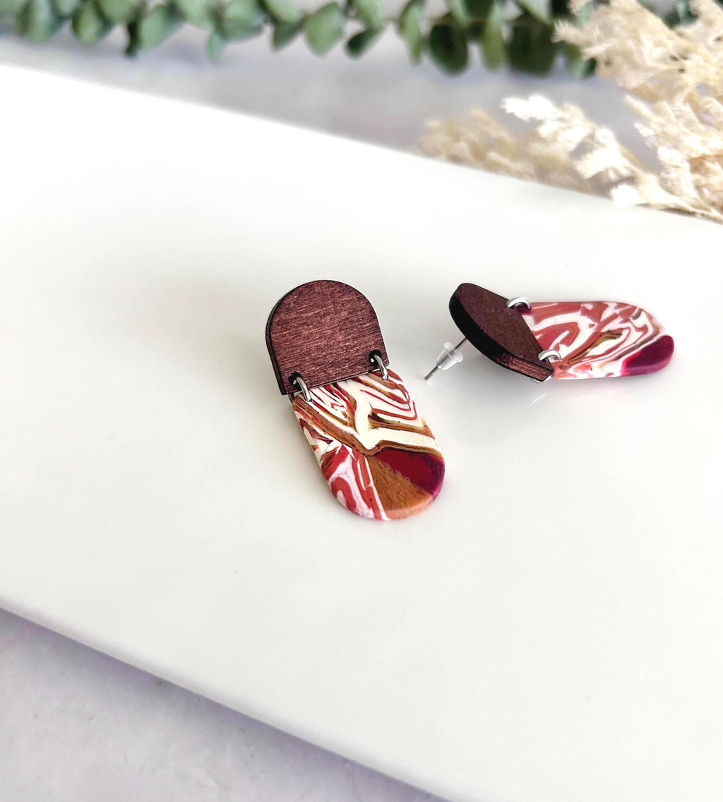 Dark Burgundy Red Clay Earrings, Terracotta Marbled Wood Dangles, Handmade Fashion Boho Jewelry