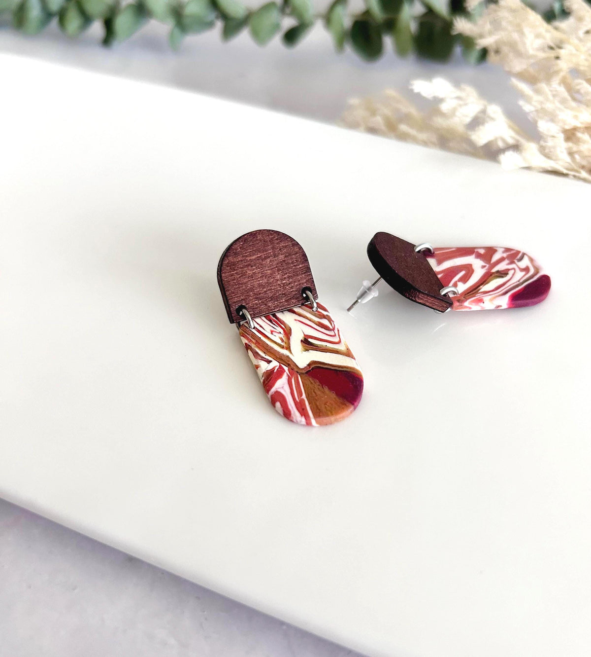 Dark Burgundy Red Clay Earrings, Terracotta Marbled Wood Dangles, Handmade Fashion Boho Jewelry