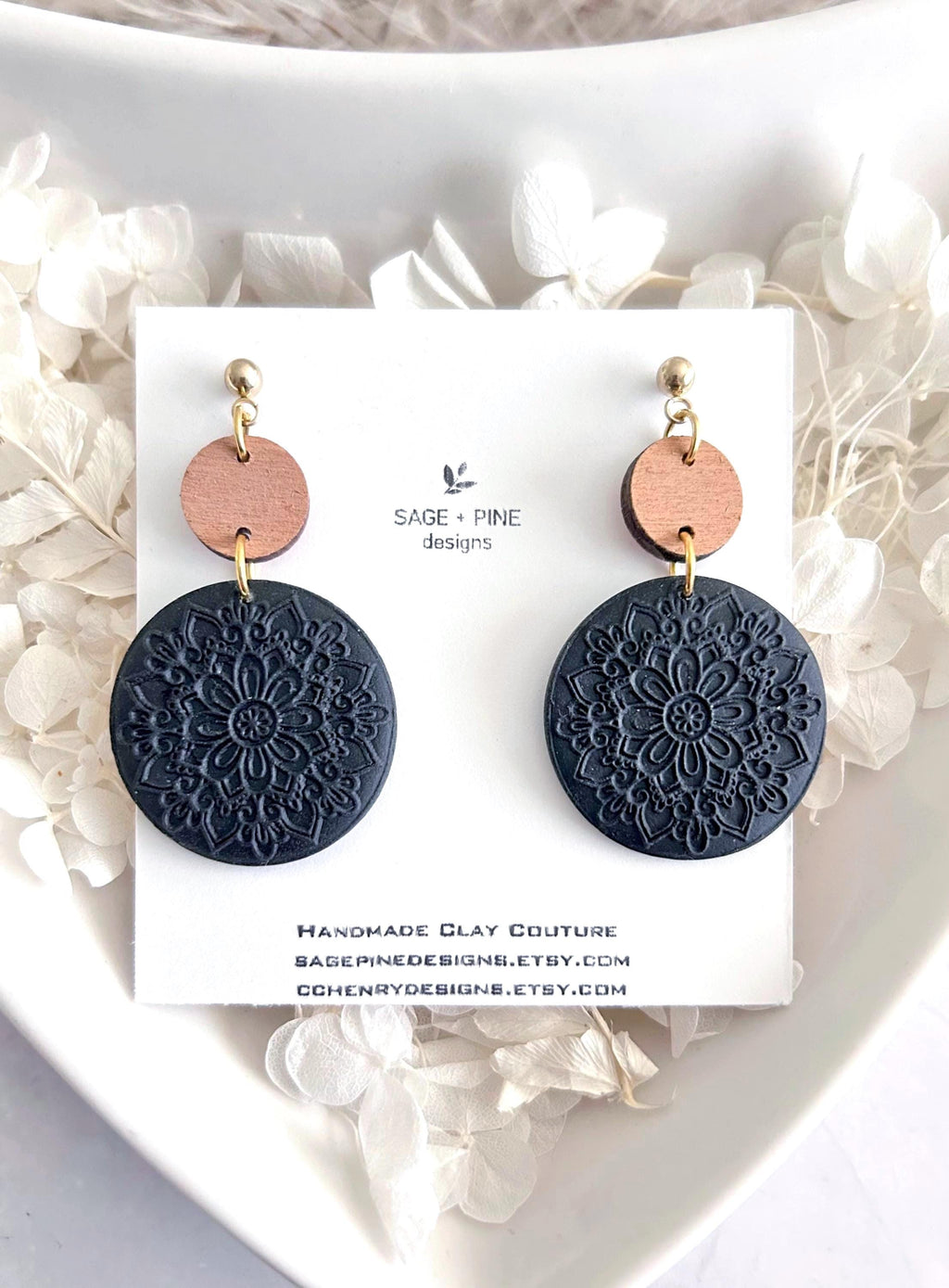 Matte Black Mandala Dangle Clay Earrings, Lightweight Wood Hypoallergenic Dangles, Modern Minimalist