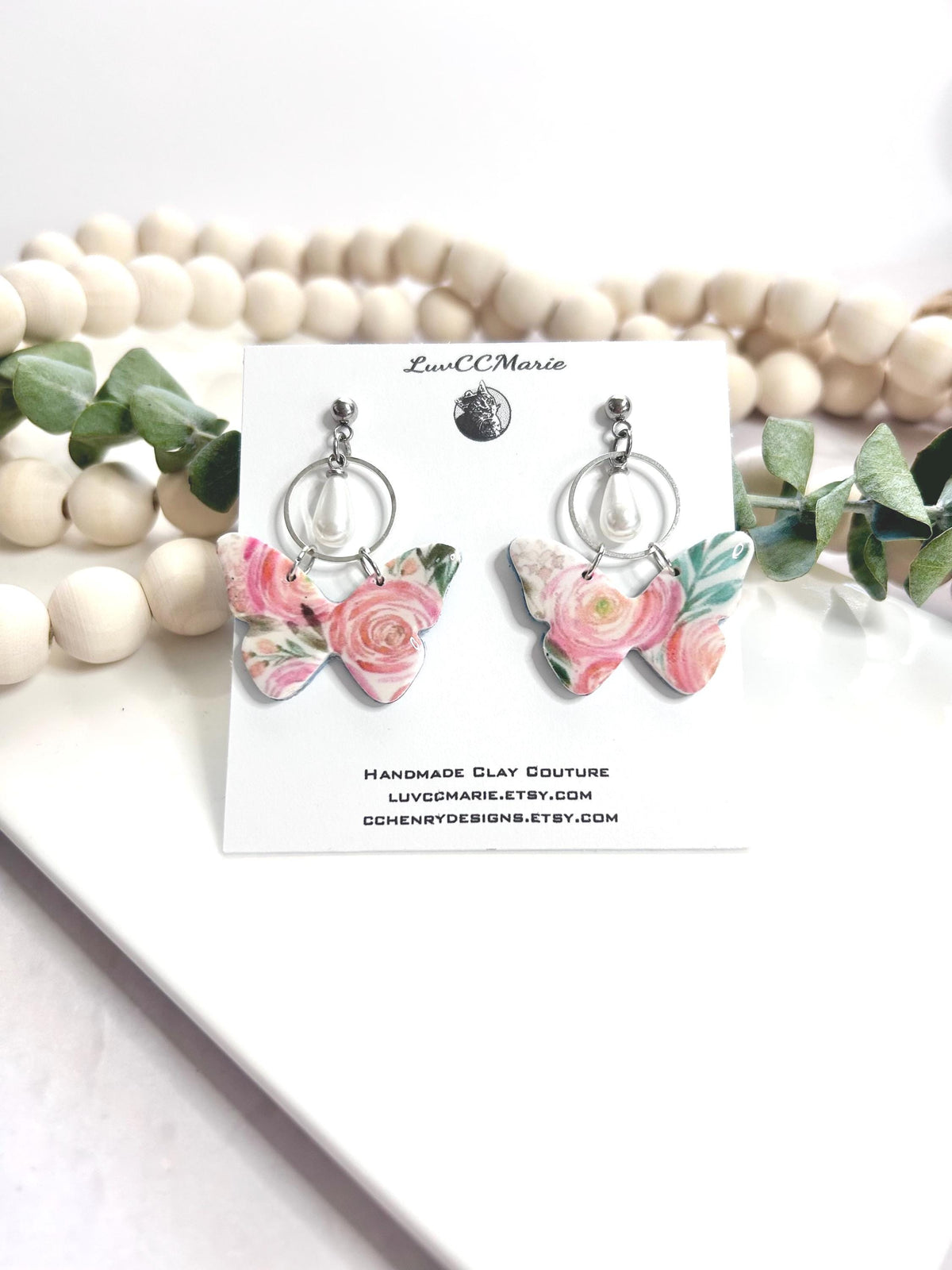 Pink Ranunculus Flower Floral Butterfly Dangle Earrings, White Pearl Hoop Dangles, Unique Bridal Gift
