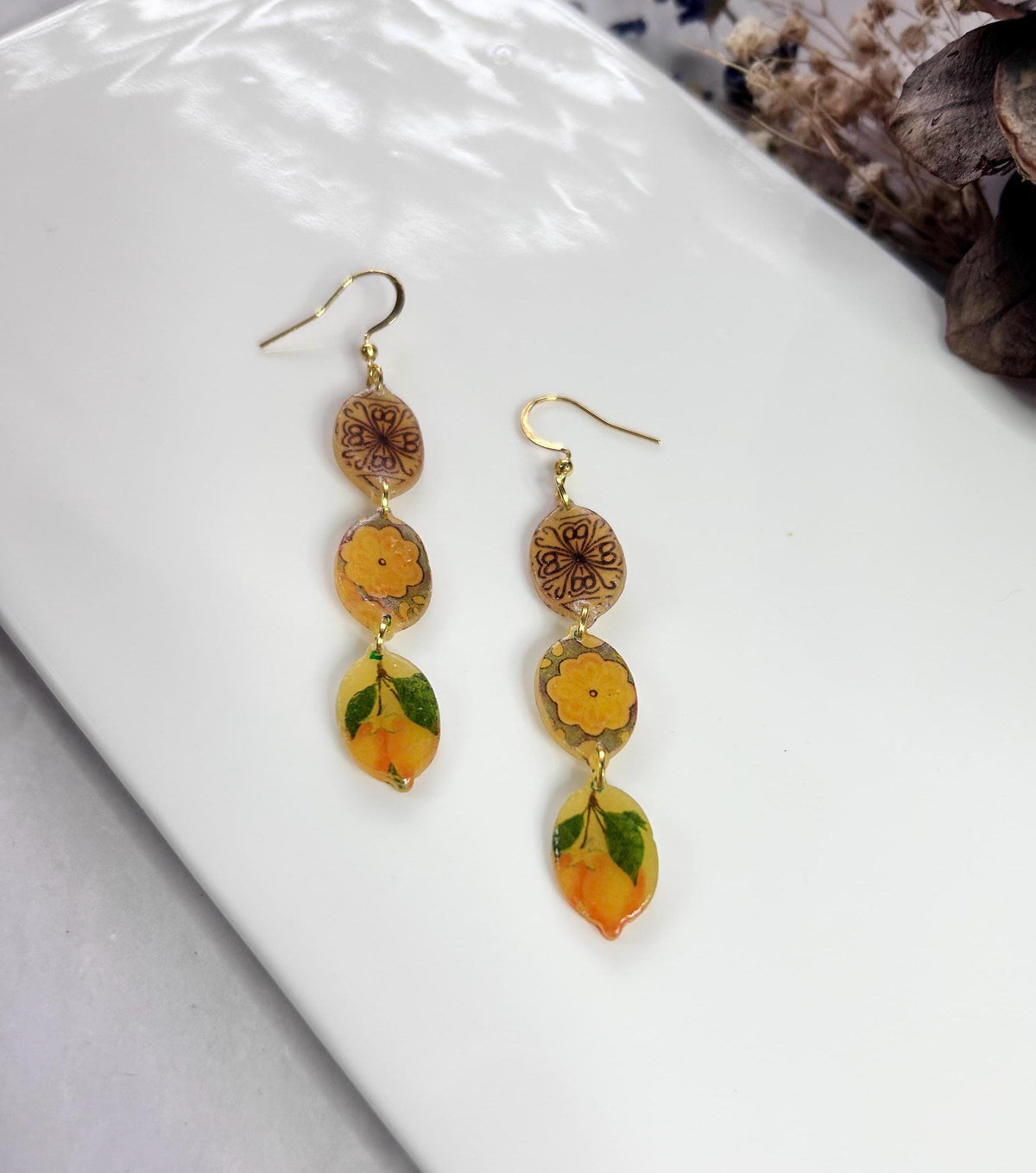 Lemon Mexican Tile Dangles, Santorini Earrings, Yellow Clay Long Handmade Lightweight Hypoallergenic