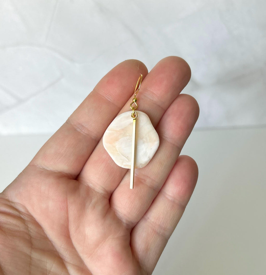 Peach and White Hoop Charm Dangle Earrings, Handmade Clay Jewelry Gift