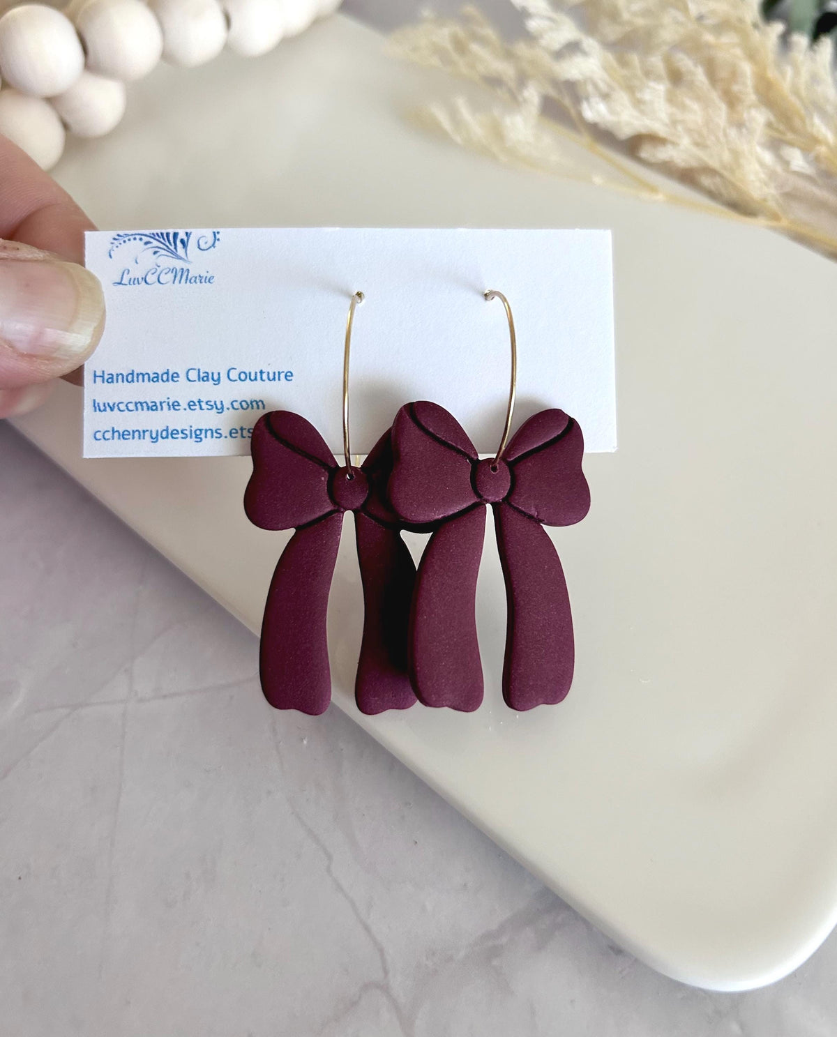 Dark Burgundy Bow Earrings, Fall Statement Hoop Dangles, Maroon Boho Clay Handmade Jewelry