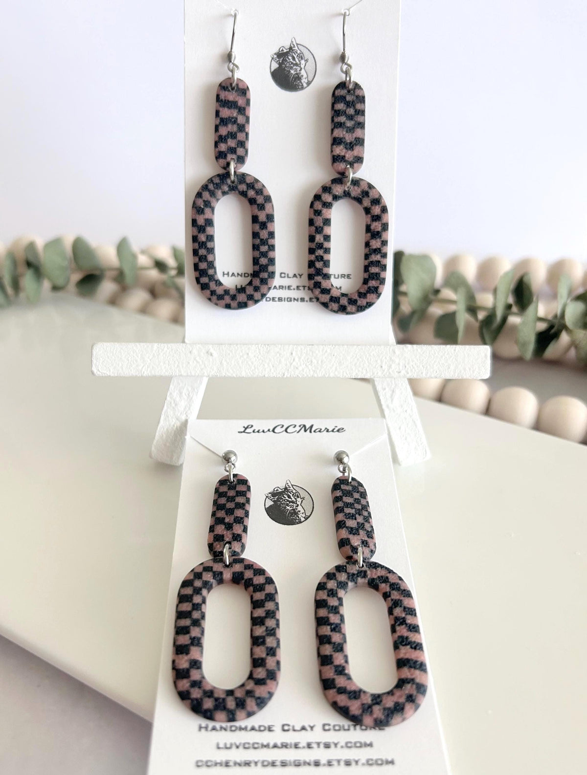 Pink Black Modern Gingham Dangle Earrings, Geometric Checkered Dangles, Handmade Clay Plaid Jewelry