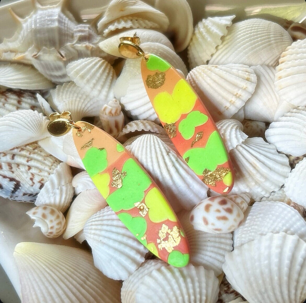 Neon Abstract Clay Earrings, Fluorescent Retro Surfboard Dangles, Handmade Colorful Boho Jewelry