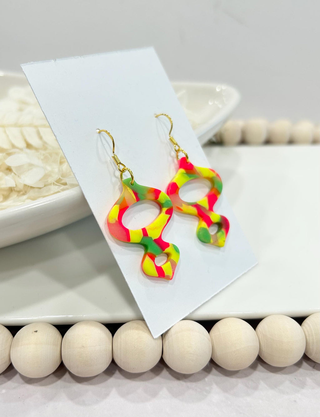 Handmade Neon 80s Polymer Clay Dangle Earrings, Mid-Century Modern Retro Vintage Style Dangles