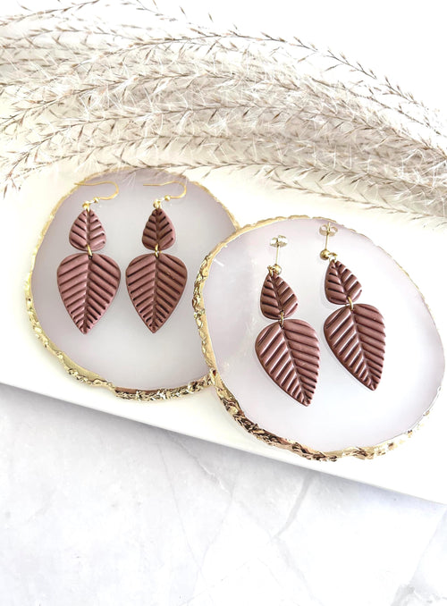Chocolate Brown Leaf Earrings, Fall Leaves Stud Drop Dangles, Handmade Clay Boho Jewelry