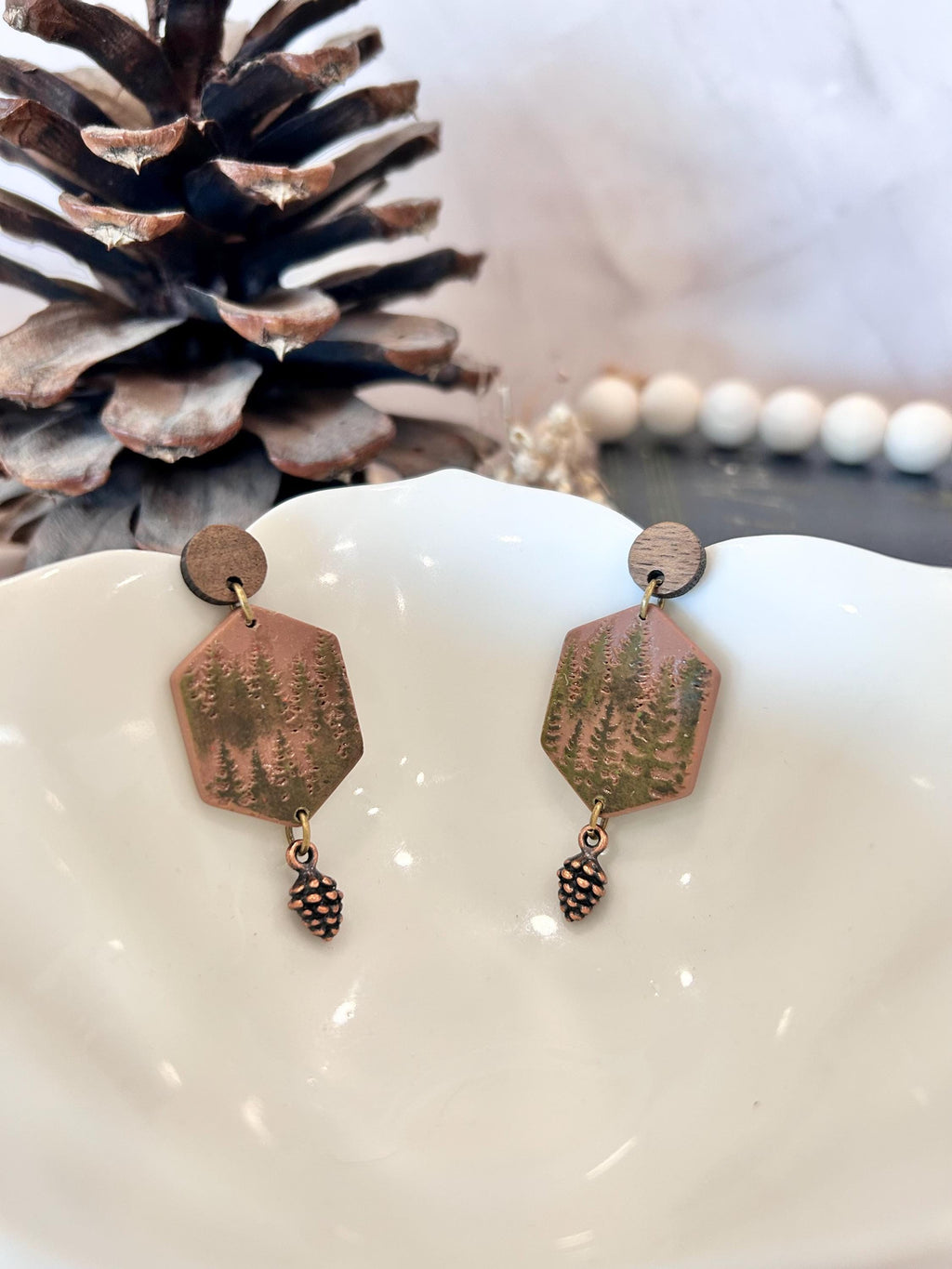 Handmade Forest Green Tree Earrings: Copper Pine Cone, Boho Dangles