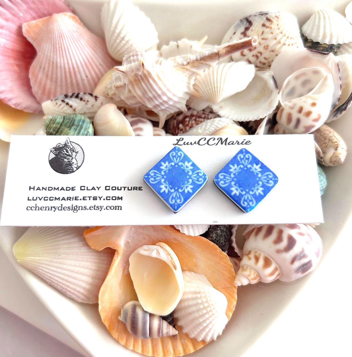 Handmade Cobalt Blue Tile Stud Earrings: Boho Mediterranean Jewelry