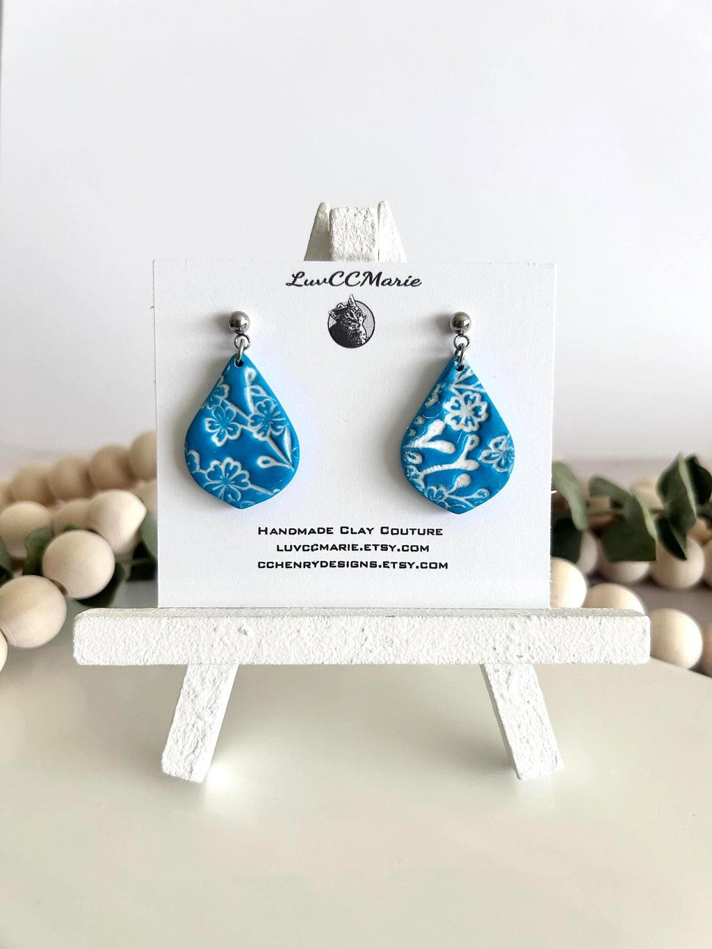 Teal Blue & White Dangle Earrings, Tile Clay Earrings, Boho Floral Dangles, Handmade Lightweight Jewelry