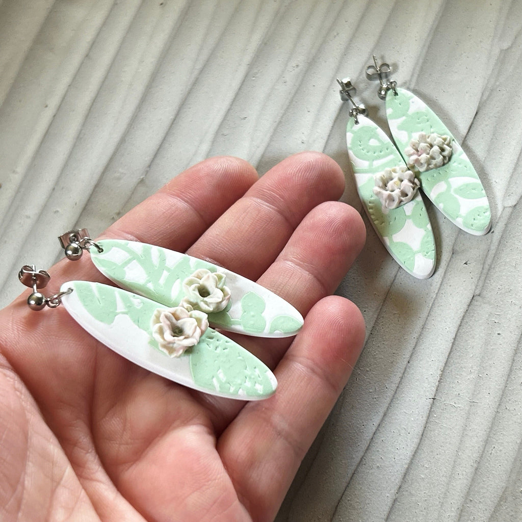 Mint Green Succulent Clay Earrings: Boho Surfboard Dangles