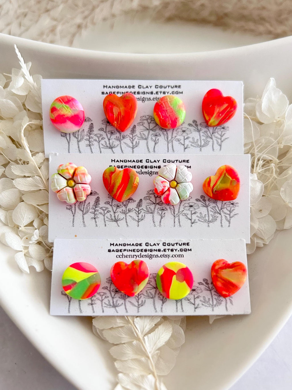 Neon Flower Stud Earrings, Daisy Heart Circle Fluorescent Clay Floral Post Jewelry