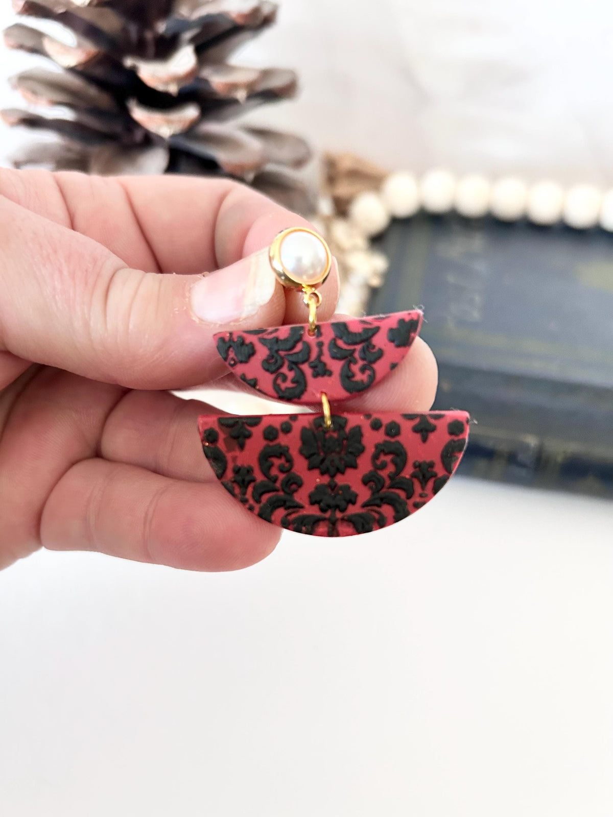 Red and Black Pearl Earrings, Elegant Dangles, Damask Floral Drops, Lightweight Clay Statement Jewelry