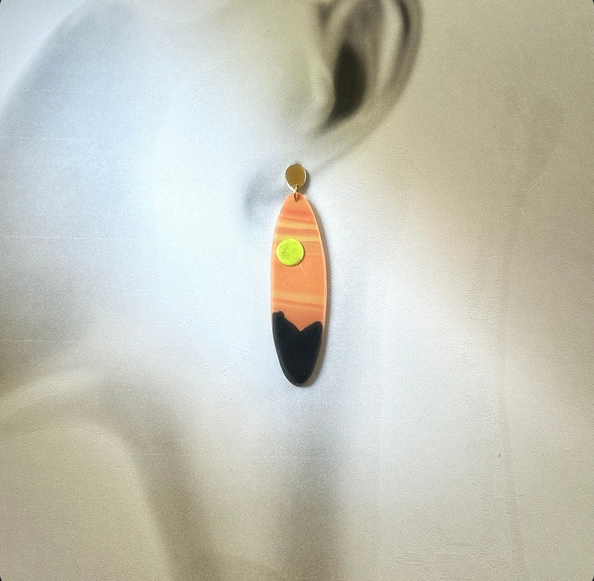 Orange Surfboard Clay Earrings, Handmade Boho Vacation Jewelry, Sunset Dangles