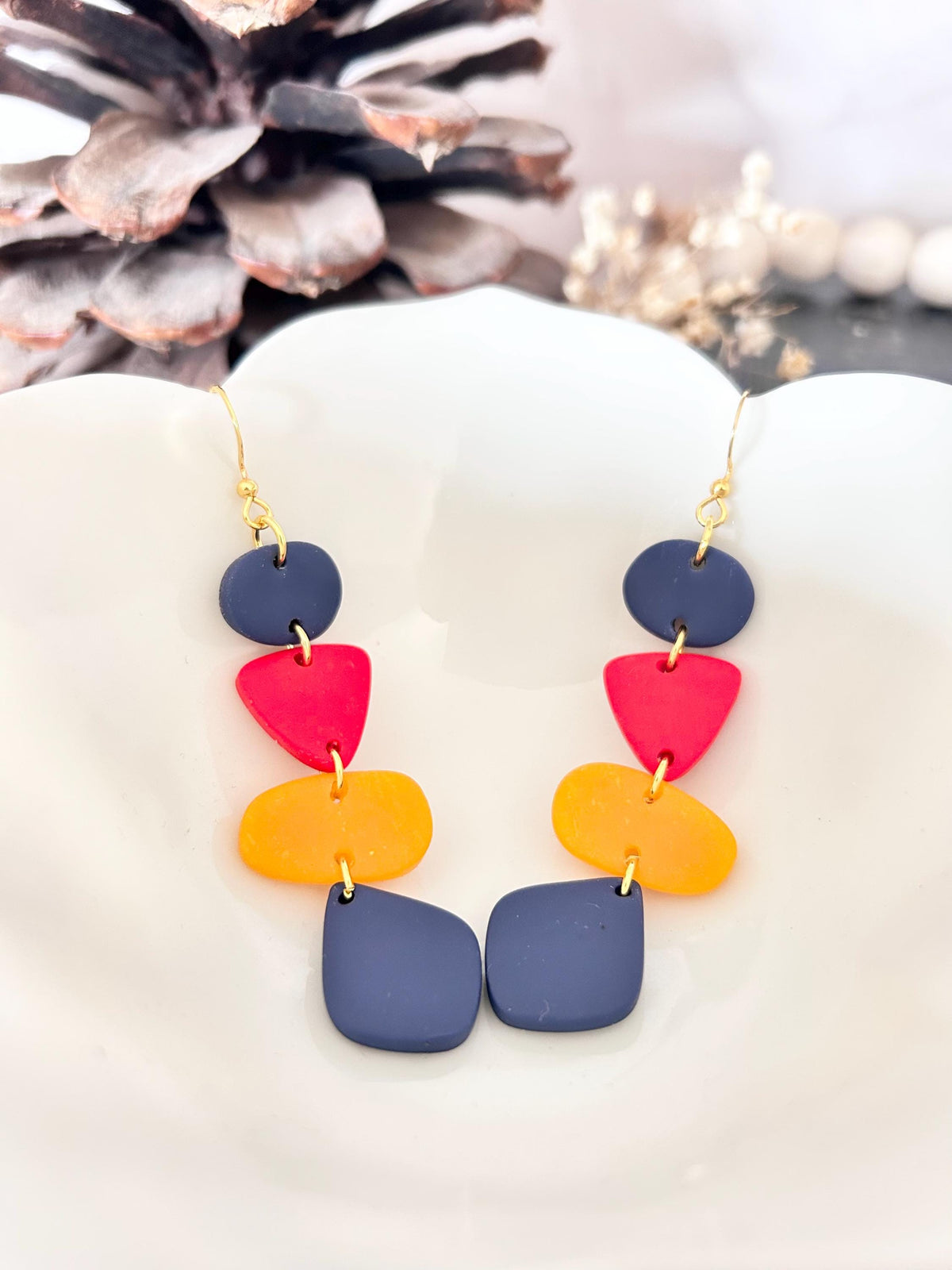 Multicolor Polymer Clay Geometric Earrings, Navy Orange Red, Handmade Fashion Jewelry Gift