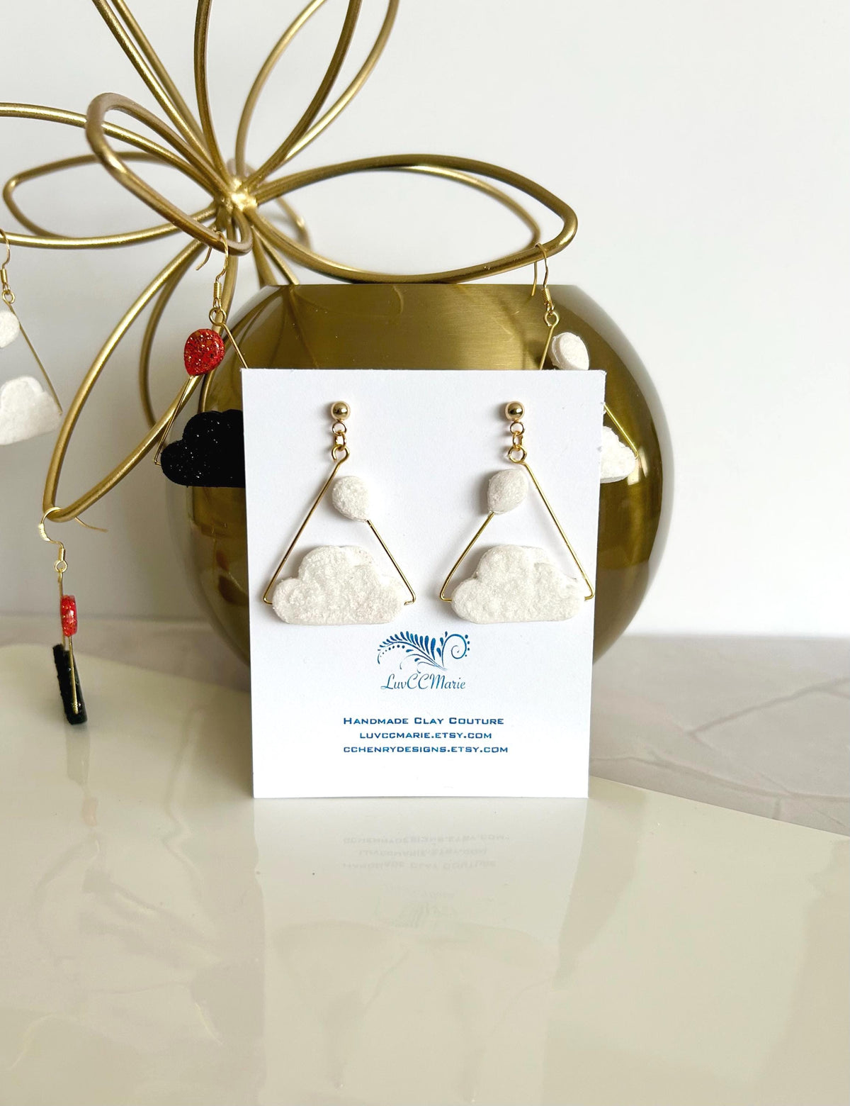 Rain Cloud Earrings, Red, White, Black, Gold, Handmade Clay Unique Gift